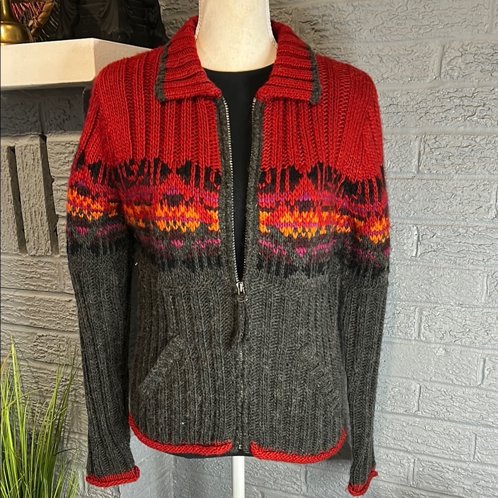 Fair Isle Wool Blend Chunky Knit Zippered Sweater/Cardigan